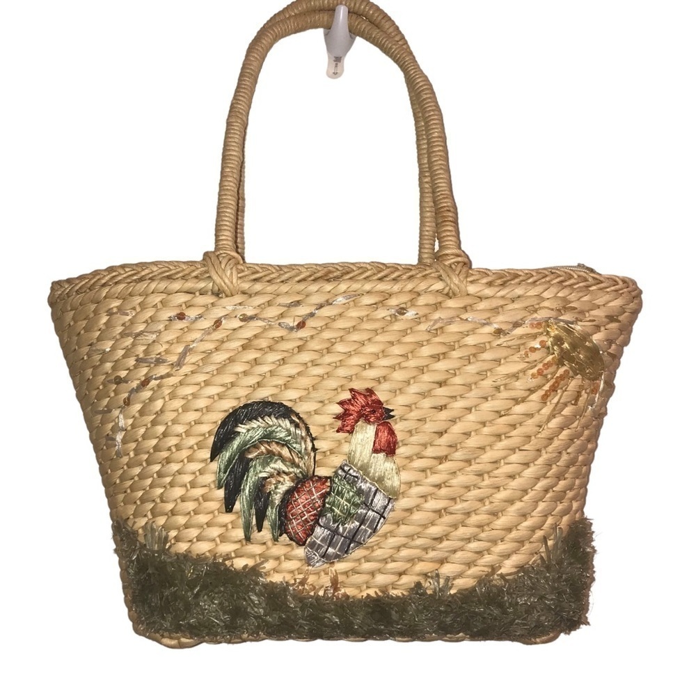 Cappelli Straworld Rooster Straw Bag Satchel Tote Texture Woven Zip Clos…